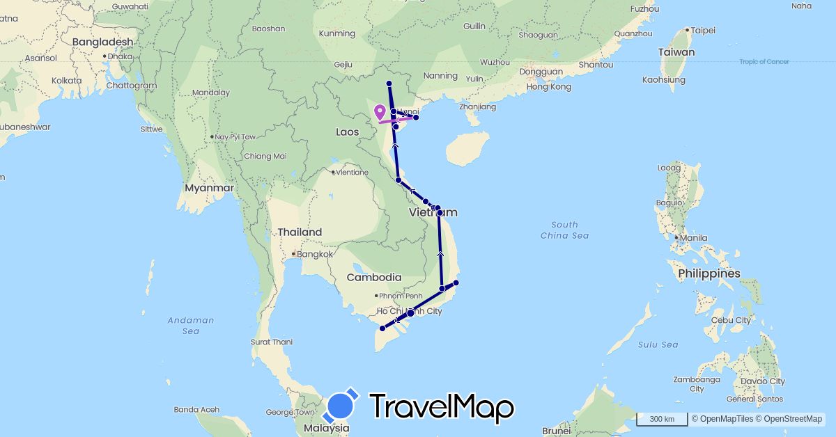 TravelMap itinerary: driving, train in Vietnam (Asia)